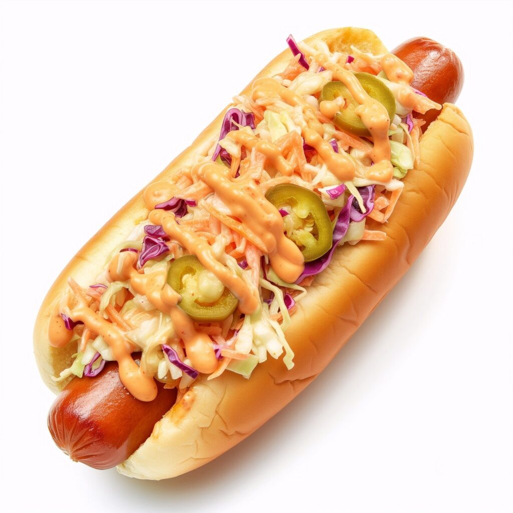 hotdog with slaw and jalapenos