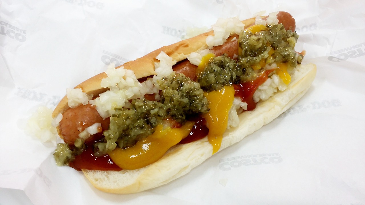 hot dog with cheese, onions and relish